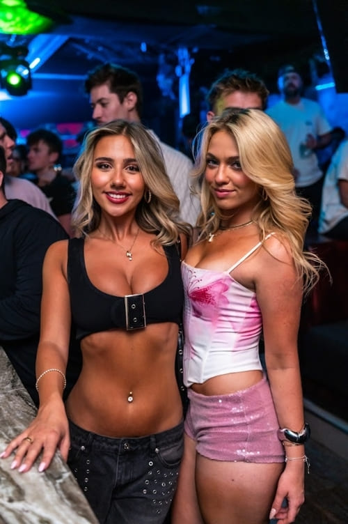 Two women posing together in a nightclub, wearing crop tops and shorts, with a lively crowd in the background.
